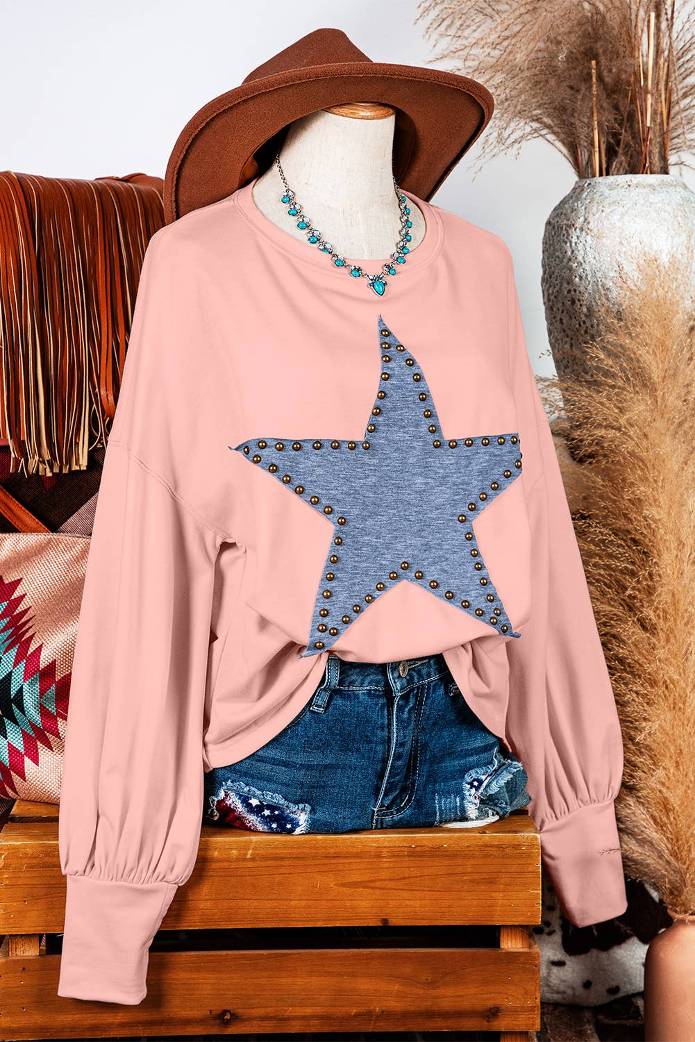 Western Studded Star Oversized Long Sleeve Top