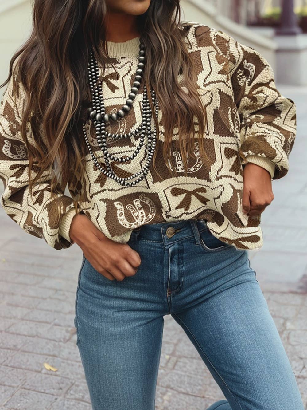 Western Patterned Loose Sweater