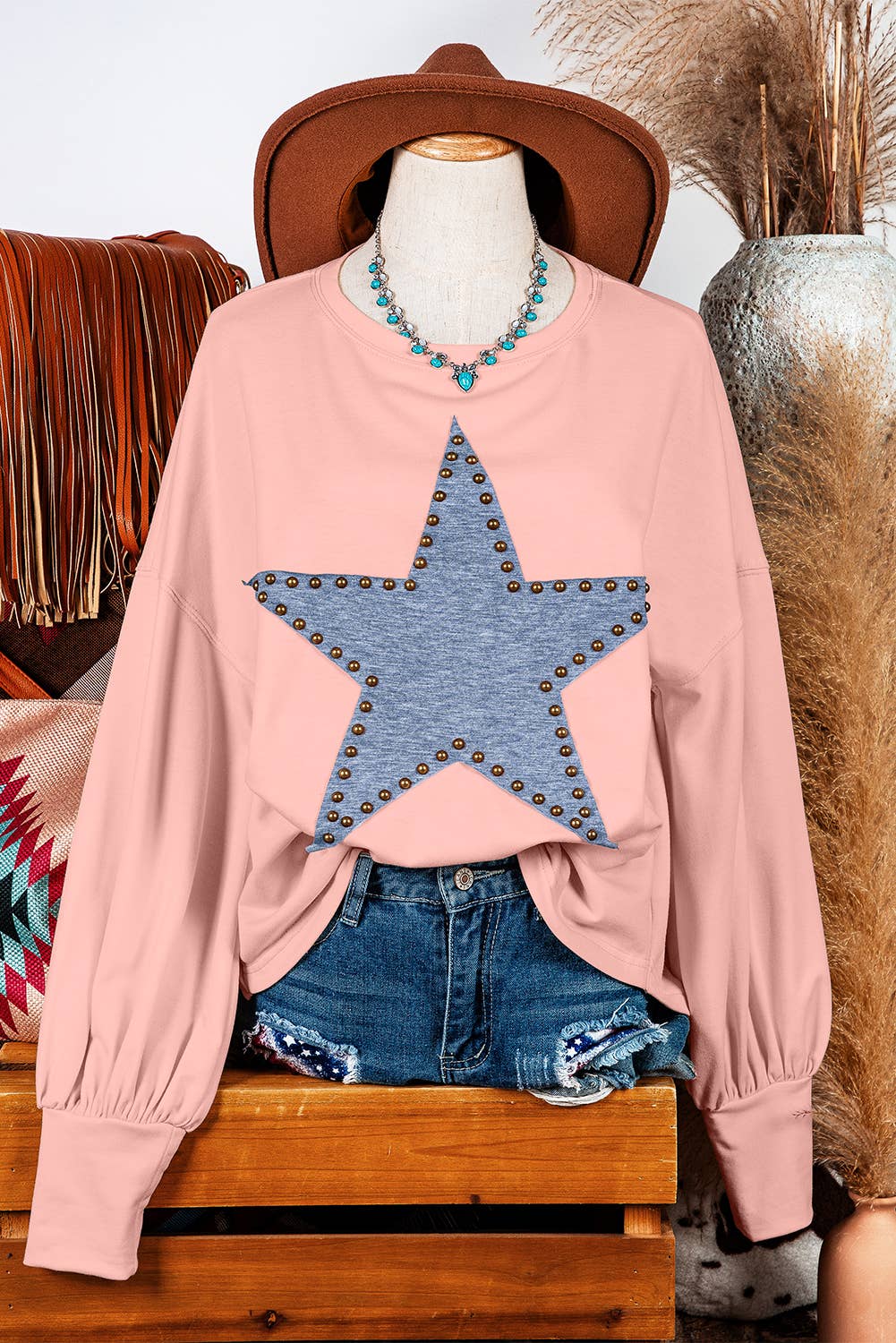 Western Studded Star Oversized Long Sleeve Top