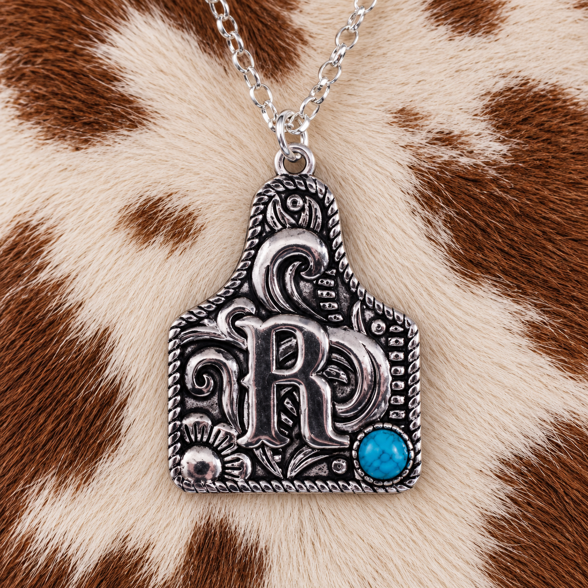Cattle Tag Initial Necklace - 925 Sterling Silver with Genuine Kingman Turquoise Stone