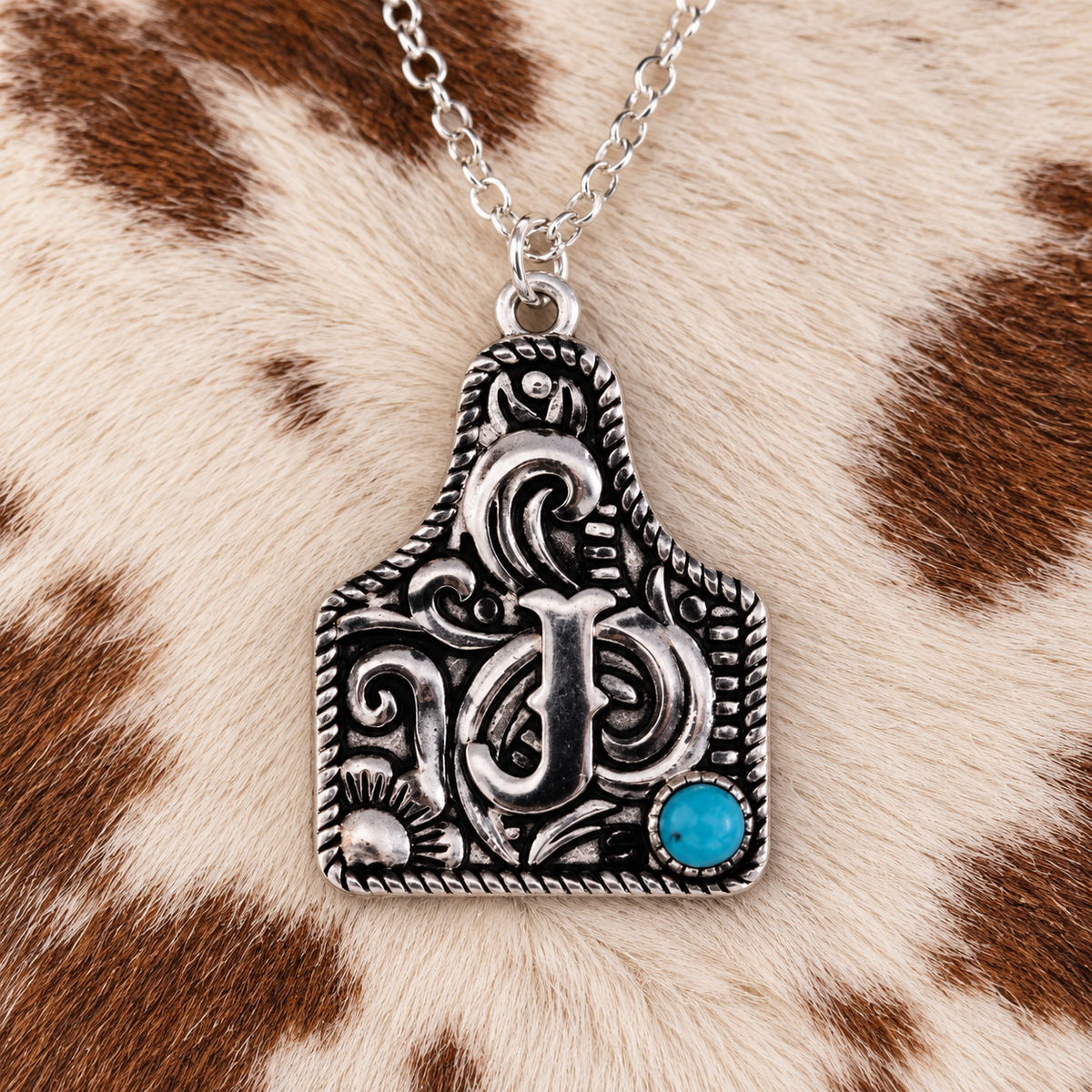 Cattle Tag Initial Necklace - 925 Sterling Silver with Genuine Kingman Turquoise Stone