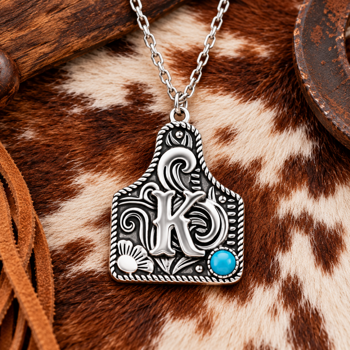 Cattle Tag Initial Necklace - 925 Sterling Silver with Genuine Kingman Turquoise Stone