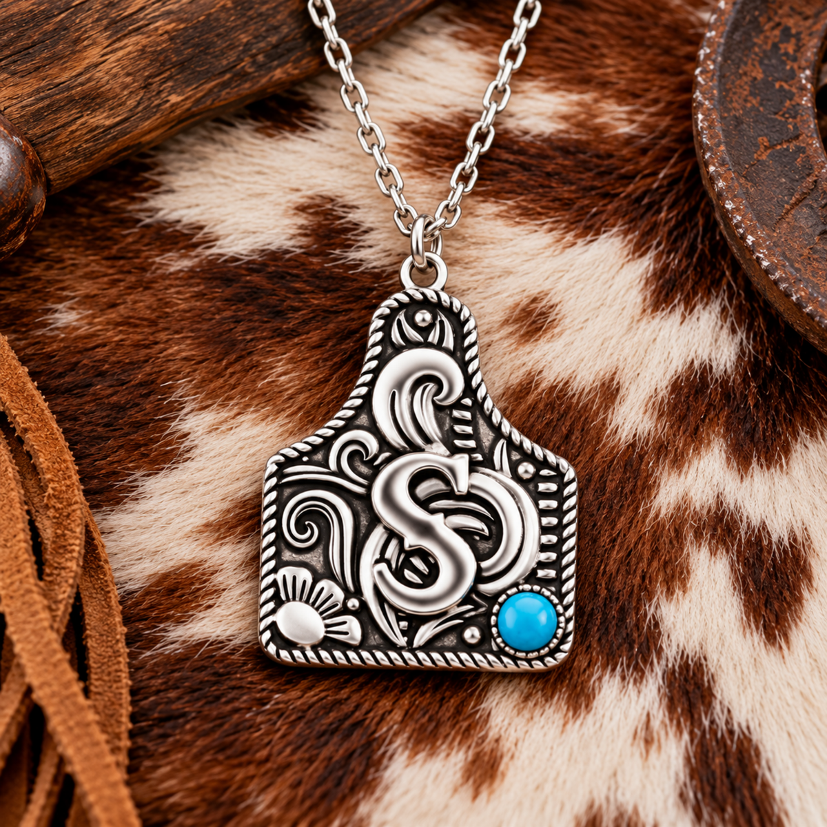 Cattle Tag Initial Necklace - 925 Sterling Silver with Genuine Kingman Turquoise Stone