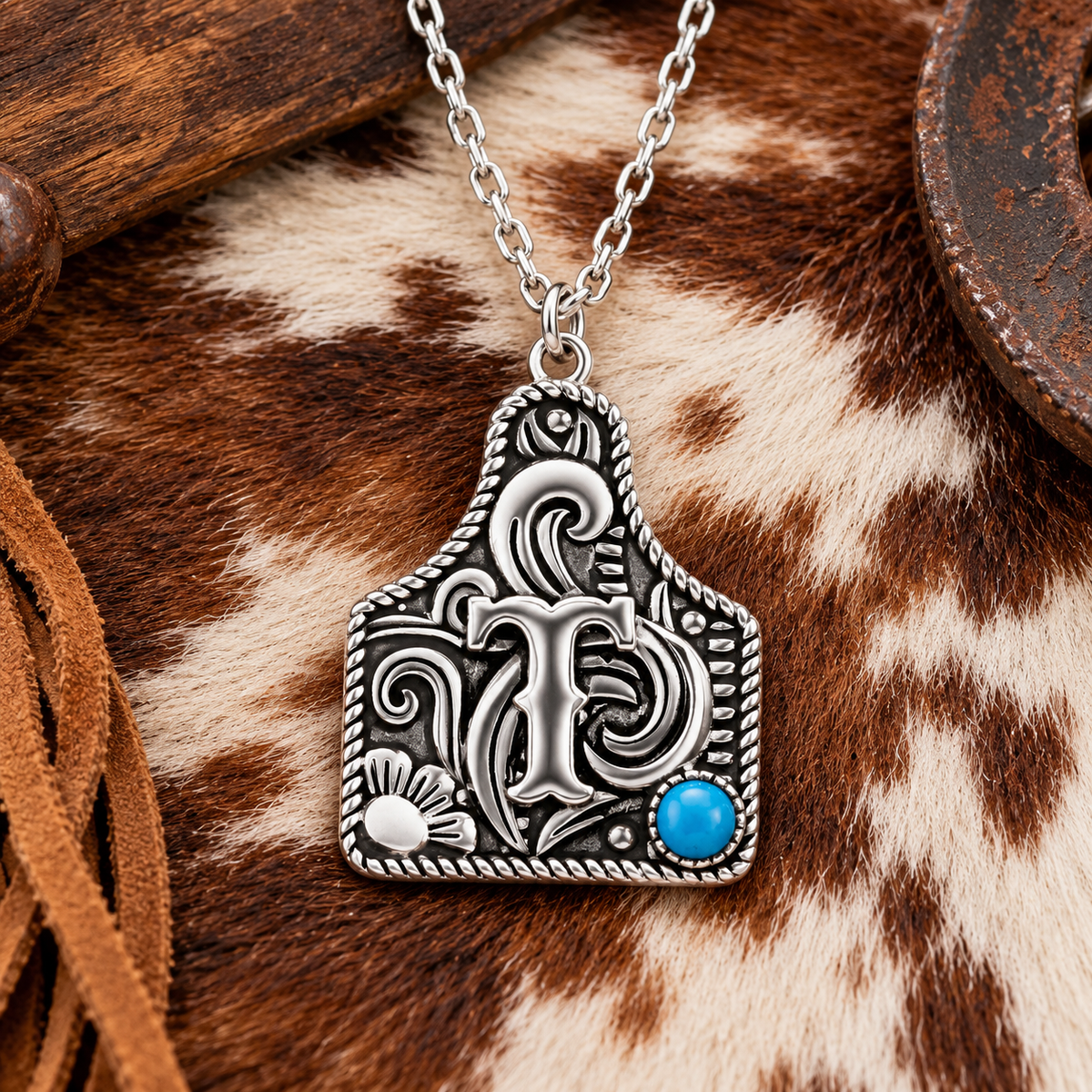 Cattle Tag Initial Necklace - 925 Sterling Silver with Genuine Kingman Turquoise Stone