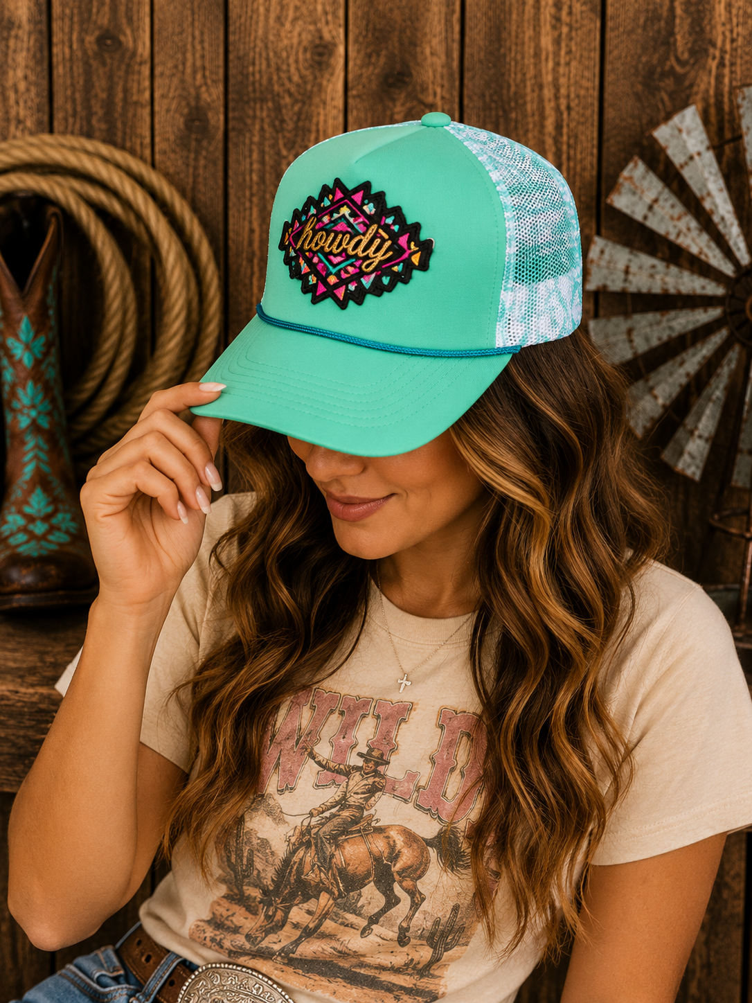 Howdy Aztec Mesh Trucker Cap – Turquoise