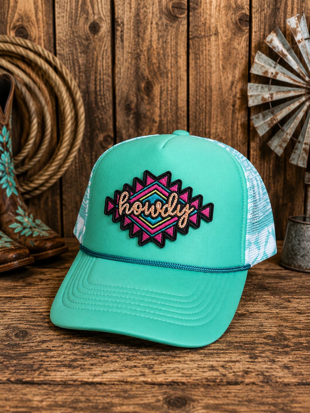 Howdy Aztec Mesh Trucker Cap – Turquoise