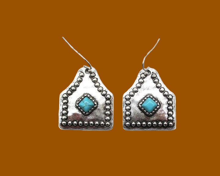 Western Turquoise Stone Cattle Tag Earrings