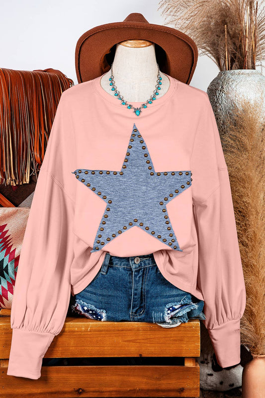 Western Studded Star Oversized Long Sleeve Top